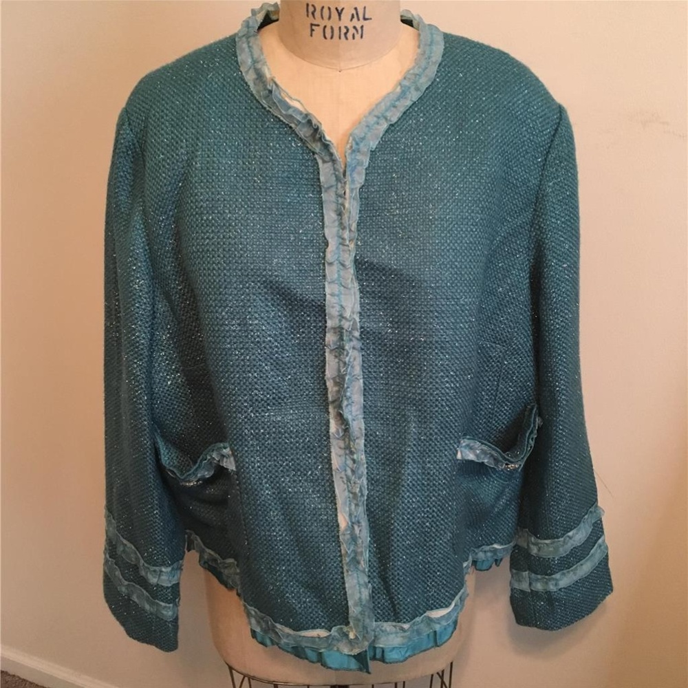 Aqua Blue & Silver Ruffle Trimmed Jacket